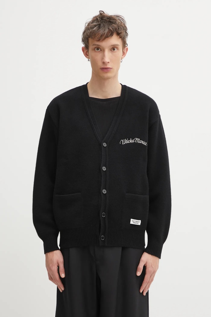 Вълнена жилетка Wacko Maria Classic Cardigan щампа черен 25FW.WMK.KN13