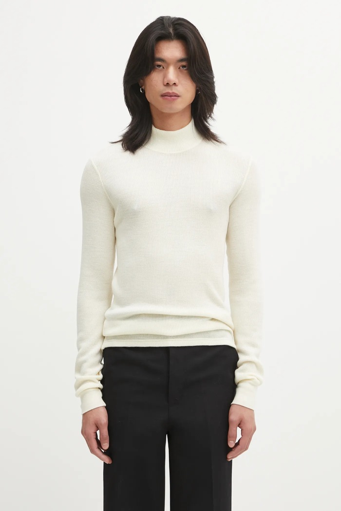 Visvim woolen jumper SOLAR WAFFLE SKIVVY mock neck beige 125205010006