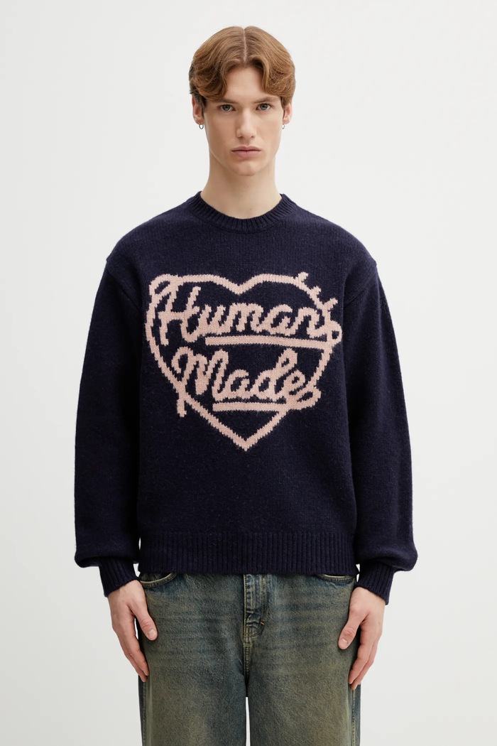 Human Made sweter z dodatkiem wełny KNITTED SWEATER okrągły granatowy HM30CS035