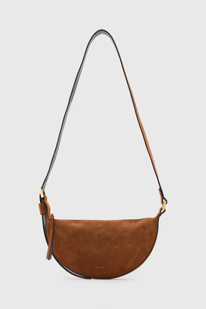 AllSaints geanta de mana din piele intoarsa HALFMOON uni maro W334XC