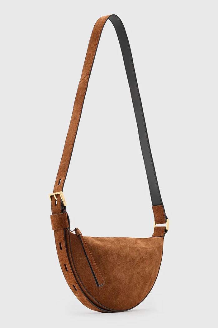 AllSaints geanta de mana din piele intoarsa HALFMOON W334XC maro AW25
