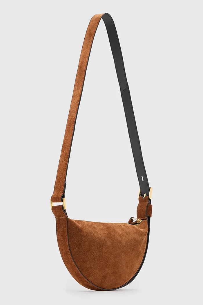 Accesorii AllSaints geanta de mana din piele intoarsa HALFMOON W334XC maro
