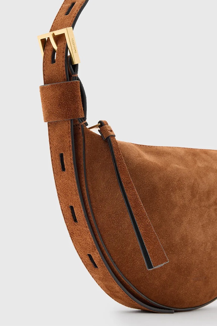 AllSaints geanta de mana din piele intoarsa HALFMOON maro W334XC
