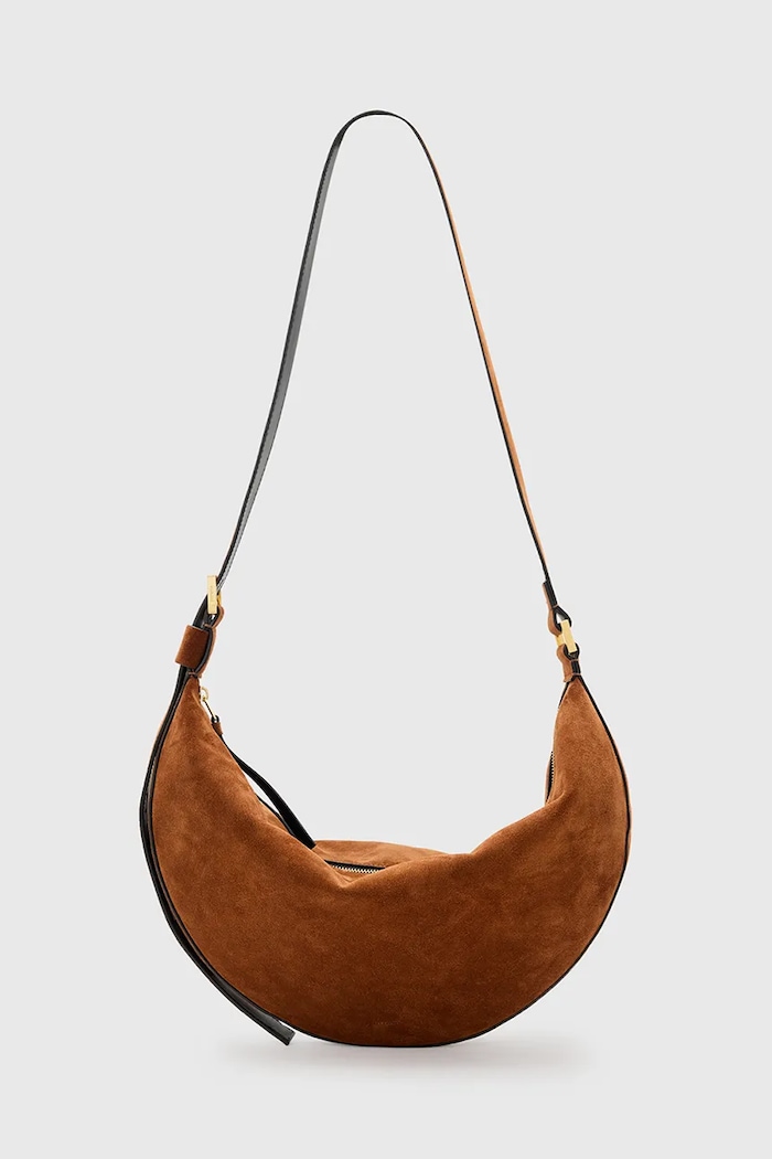 AllSaints torebka zamszowa HALFMOON nie mieści A4 brązowy W337XC