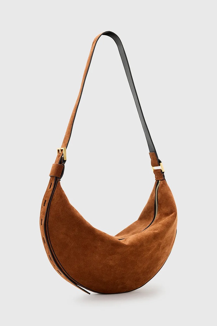 AllSaints torebka zamszowa HALFMOON W337XC brązowy AW25