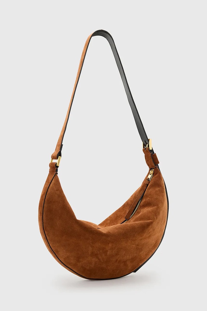 Akcesoria AllSaints torebka zamszowa HALFMOON W337XC brązowy