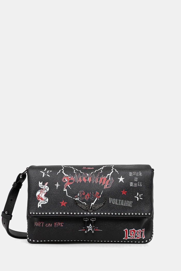Kožená kabelka ZADIG&VOLTAIRE ROCKY II GRAINED LEATHER PUNK potisk černá LWBA04149