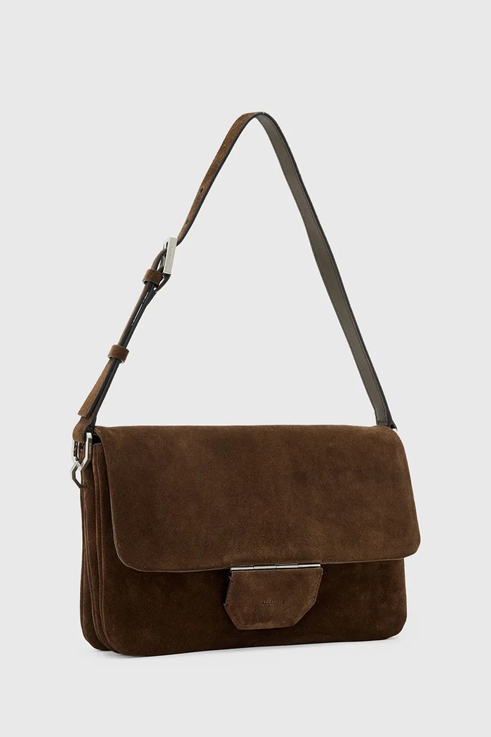 AllSaints Geantă de mână din piele întoarsă ONDINE W293XD maro AW25