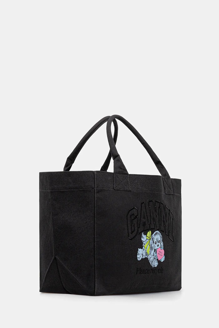 Памучна чанта GANNI Shopper XXL Pocket Dog Print A7083 черен AW25