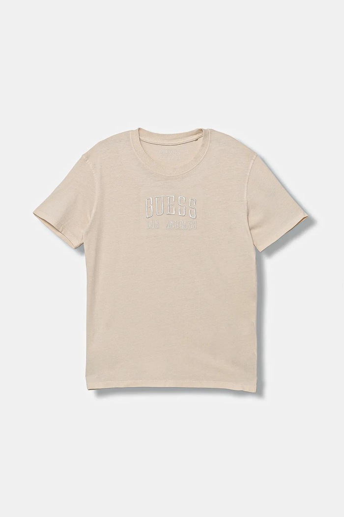 Παιδικό βαμβακερό μπλουζάκι Guess απλικέ μπεζ L5YI31.I3Z14.9BYA