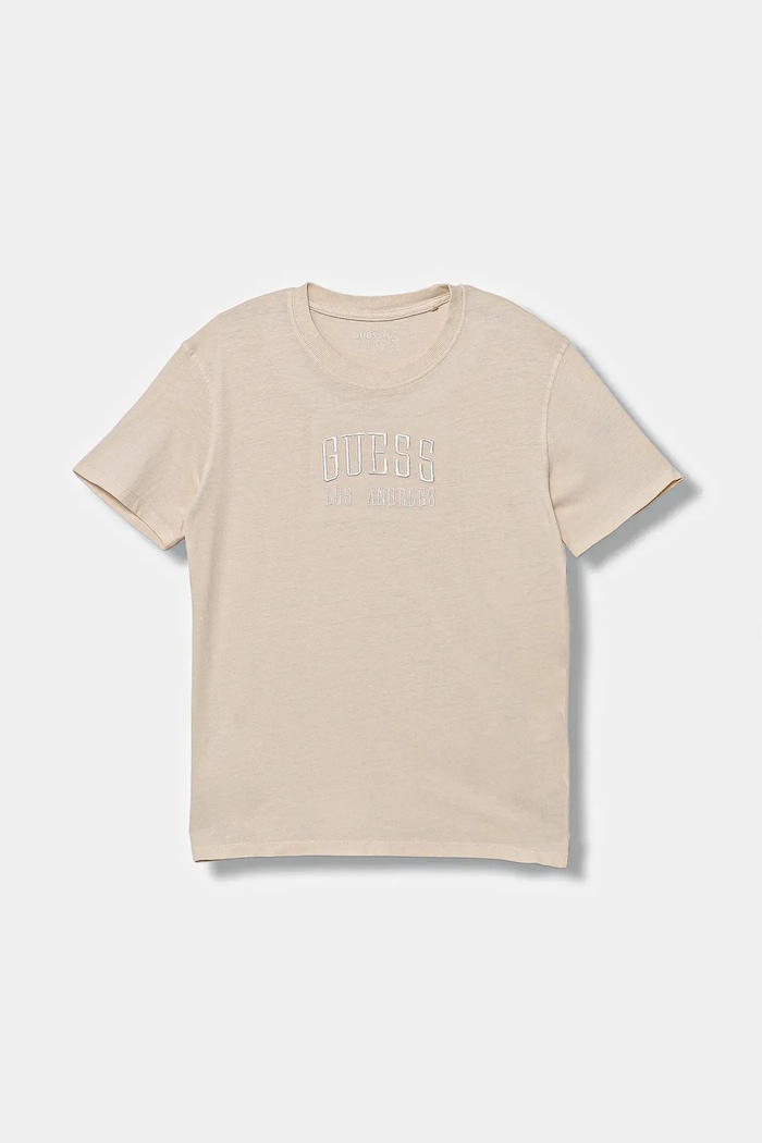 Παιδικό βαμβακερό μπλουζάκι Guess απλικέ μπεζ L5YI31.I3Z14.9BYA