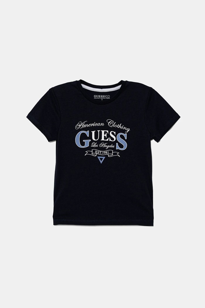 Παιδικό βαμβακερό μπλουζάκι Guess στάμπα σκούρο μπλε N5YI20.K8HM4.9BYA