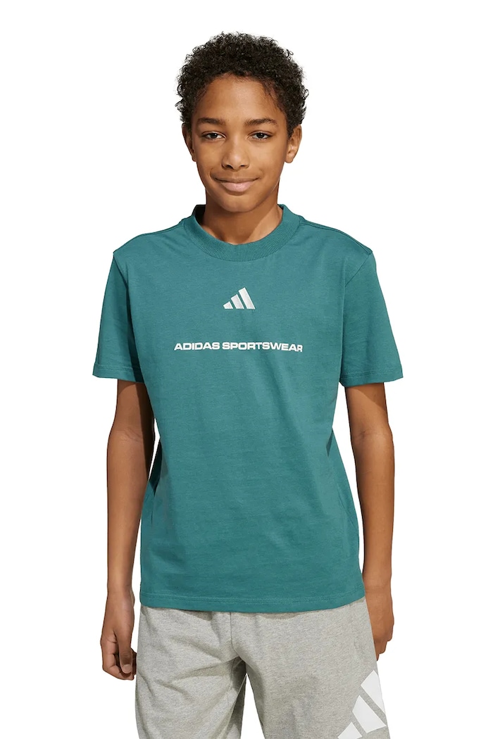 adidas t-shirt bawełniany dziecięcy nadruk turkusowy KC5383