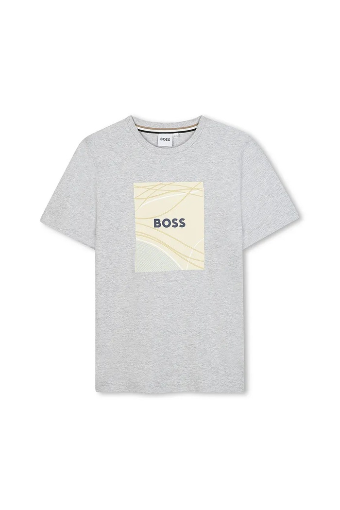 Παιδικό βαμβακερό μπλουζάκι BOSS στρογγυλό γκρί J52369.162.174