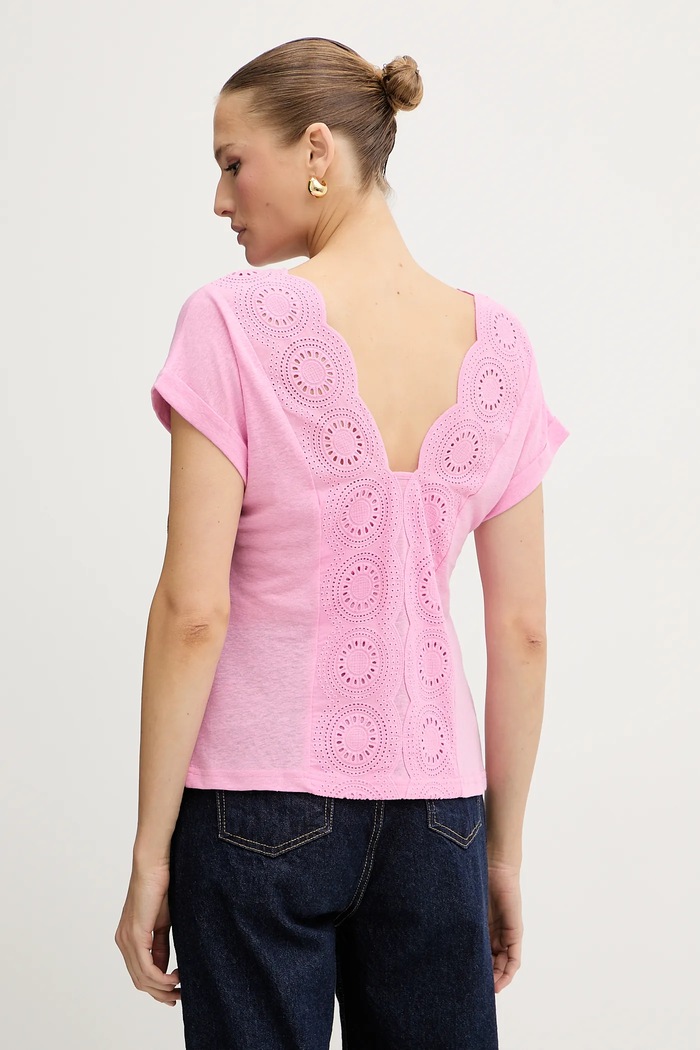 Morgan t-shirt z domieszką lnu szpic różowy DORINE
