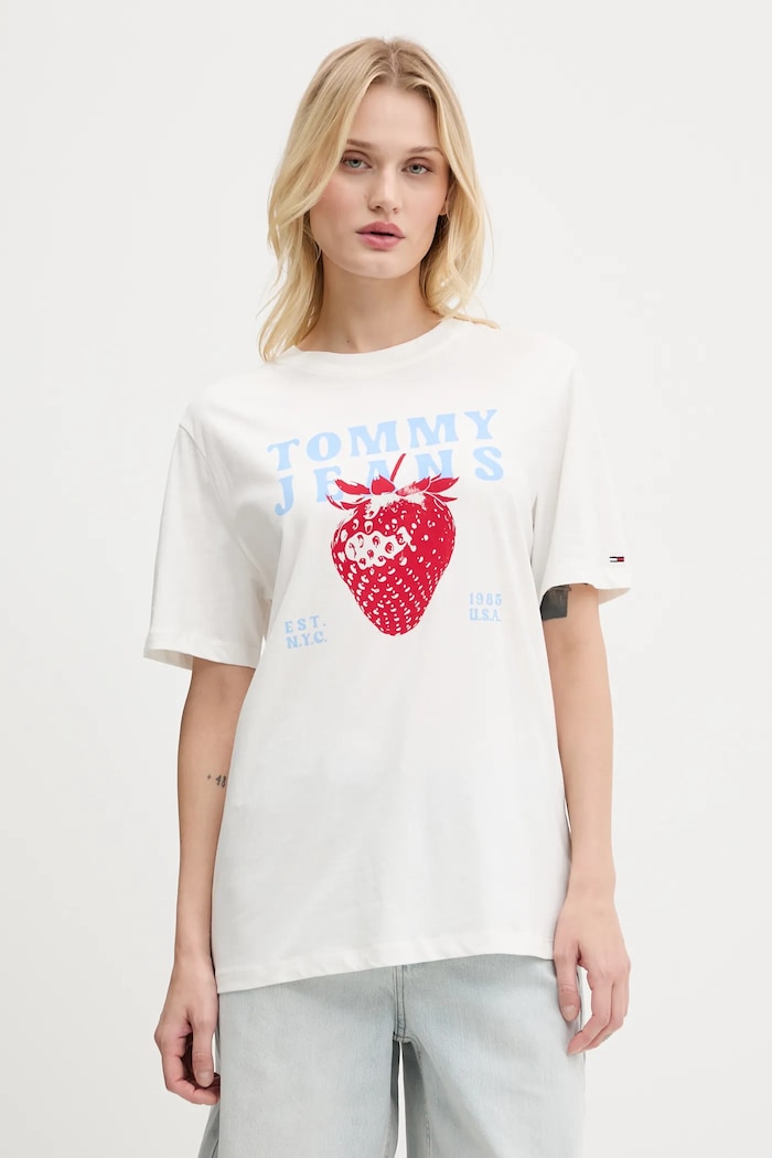 Bavlněné tričko Tommy Jeans kulatý bílá DW0DW20894