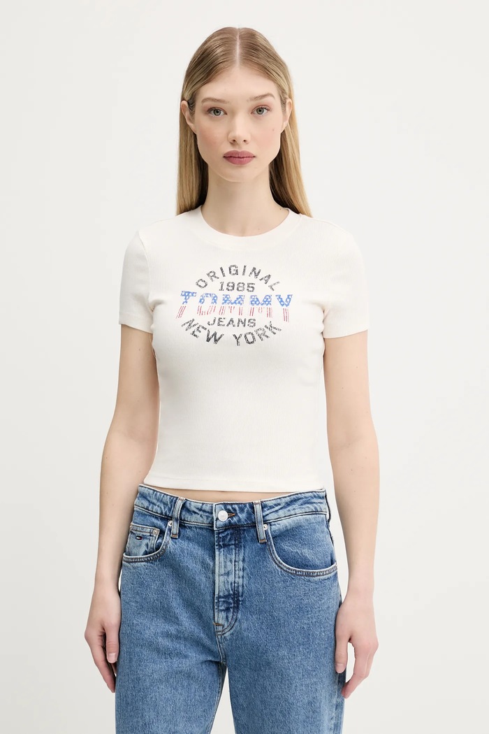 Tričko Tommy Jeans potisk béžová DW0DW21421