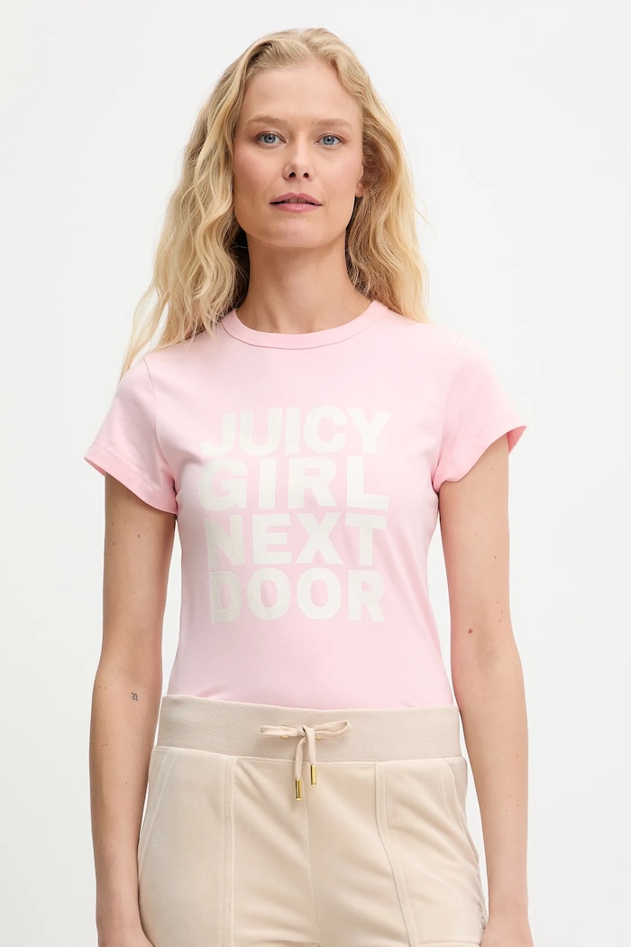 Juicy Couture t-shirt JUICY GIRL NEXT DOOR HILTON T-SHIRT z elastanem różowy JCNCT225457
