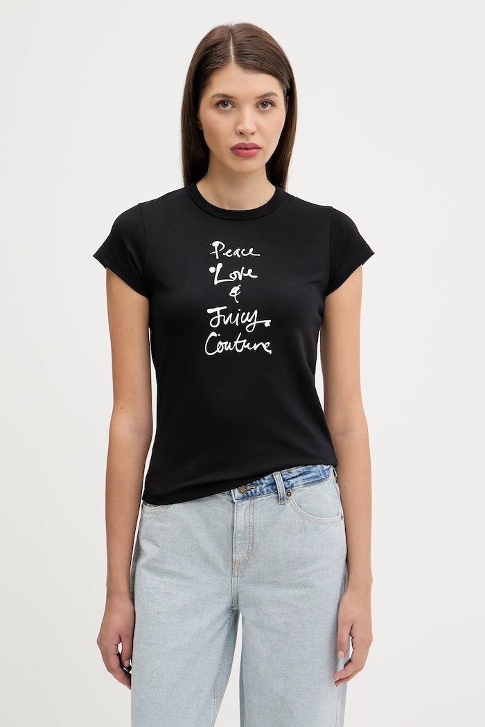 Juicy Couture tricou PEACE LOVE AND JUICY HILTON T-SHIRT print negru JCNCT225458