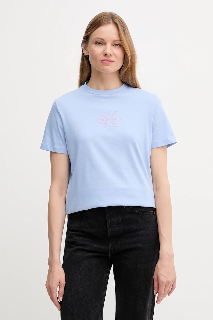 Bavlněné tričko Calvin Klein Jeans kulatý modrá LV047C863G