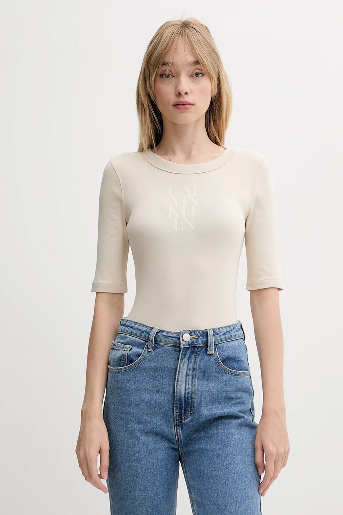Μπλουζάκι Calvin Klein Jeans με ελαστάν μπεζ LV044C204G