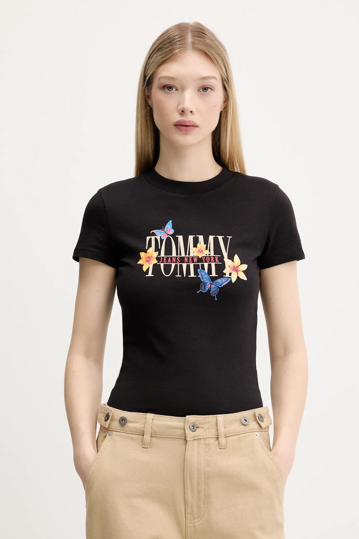Βαμβακερό μπλουζάκι Tommy Jeans εμπριμέ μαύρο DW0DW21340