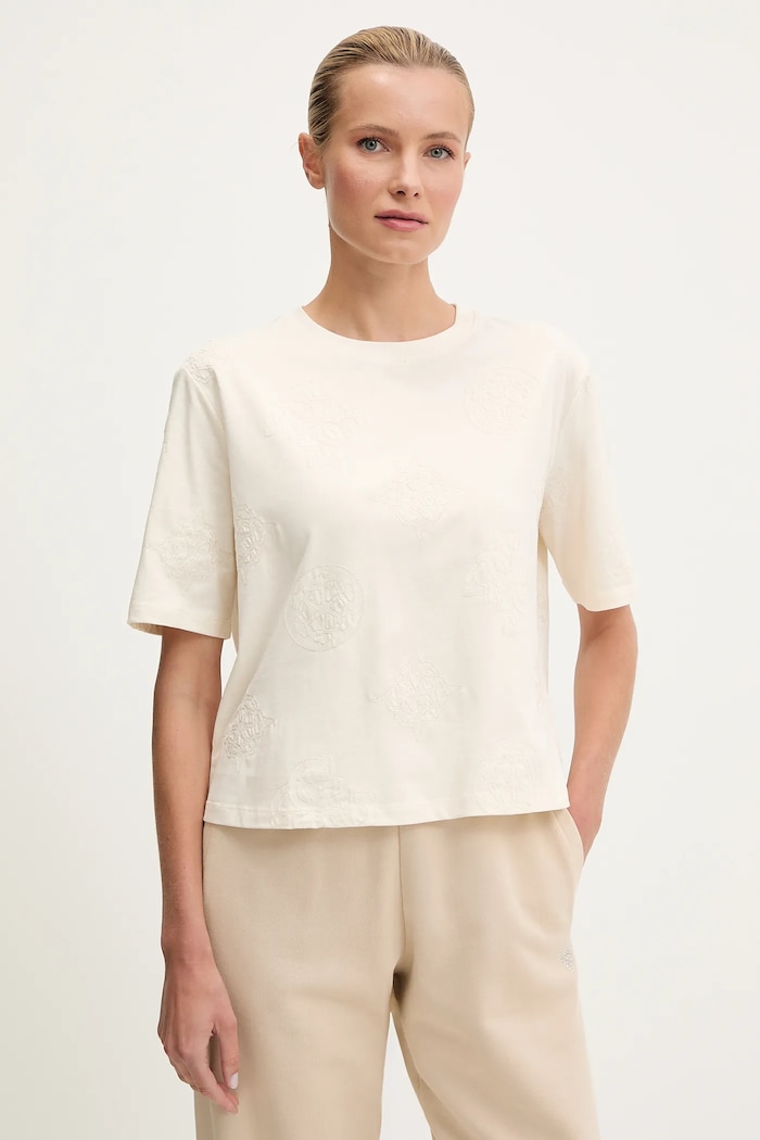 Bavlnené tričko Guess PEONY nášivka béžová V5YI10.I3Z14