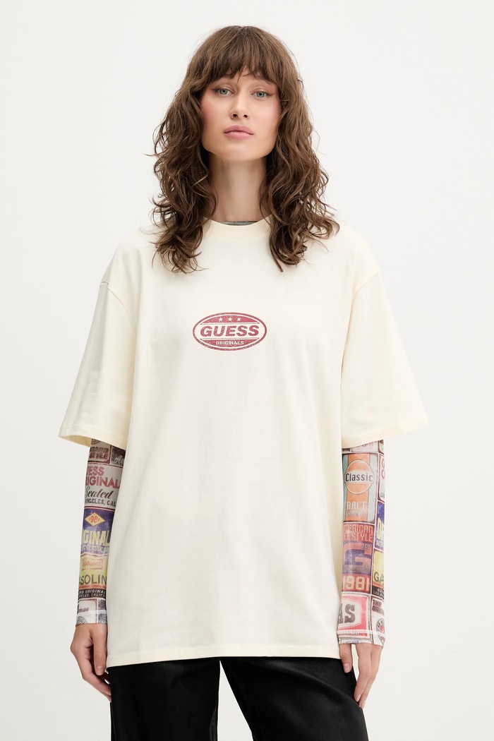 Βαμβακερό μπλουζάκι Guess Originals στάμπα μπεζ M5YI55.K8FQ4