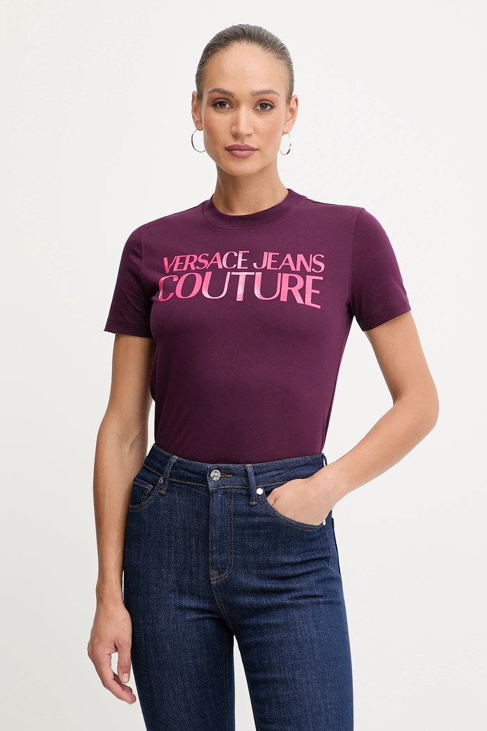 Bavlnené tričko Versace Jeans Couture potlač fialová 79HAHE05.CJ00E