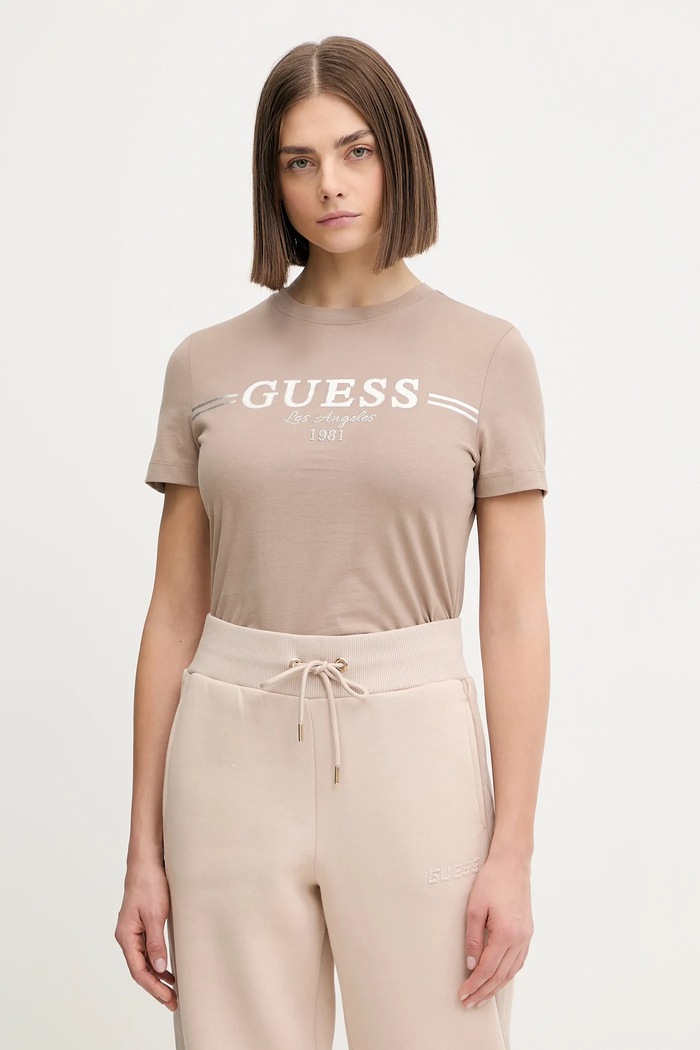 Guess T-shirt bawełniany BIBIA beżowy V5BI15.KA260