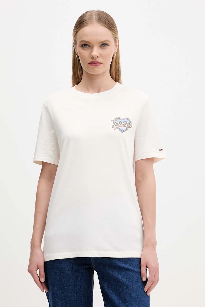Памучна тениска Tommy Jeans свободна бежов DW0DW21524