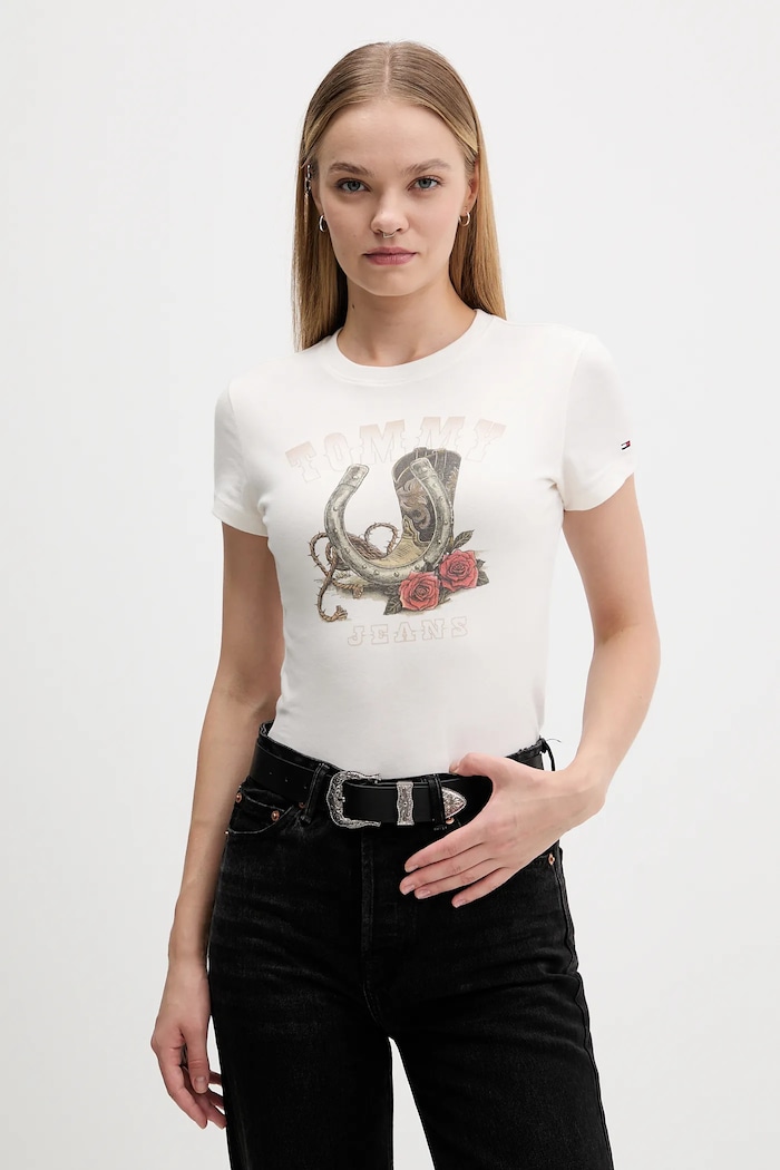 Tommy Jeans t-shirt bawełniany nadruk beżowy DW0DW21788