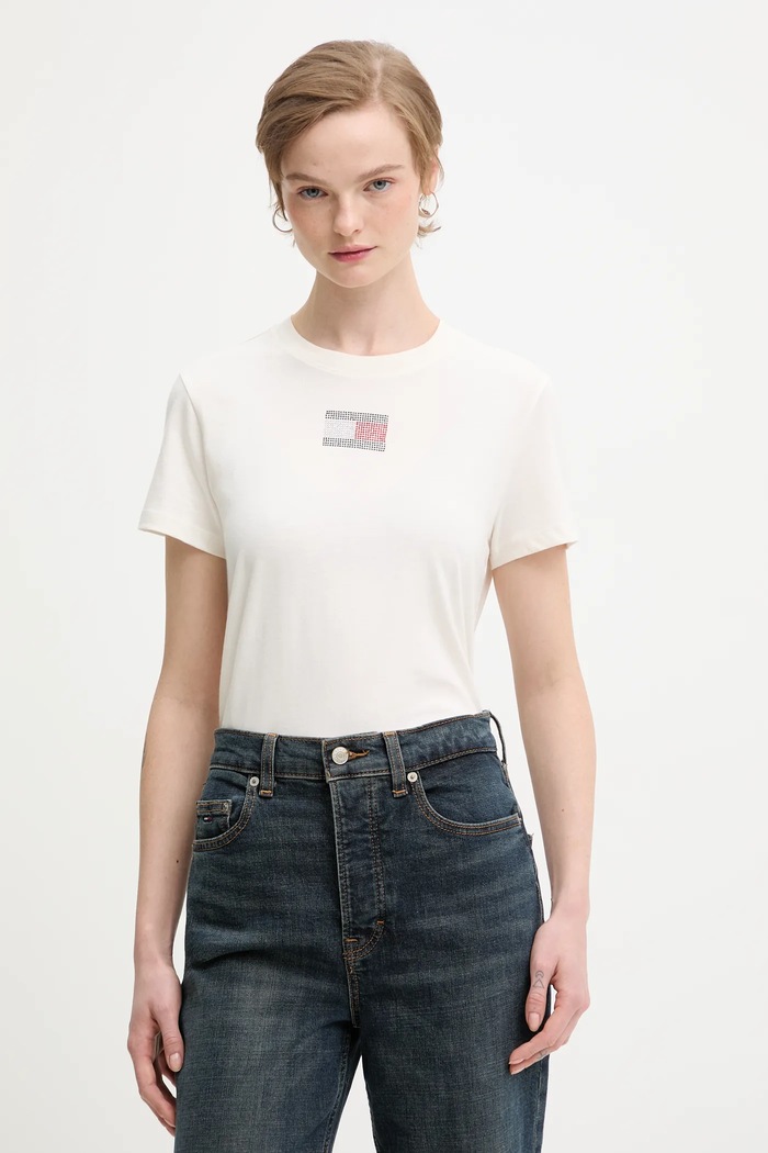 Bavlnené tričko Tommy Jeans nášivka béžová DW0DW21965