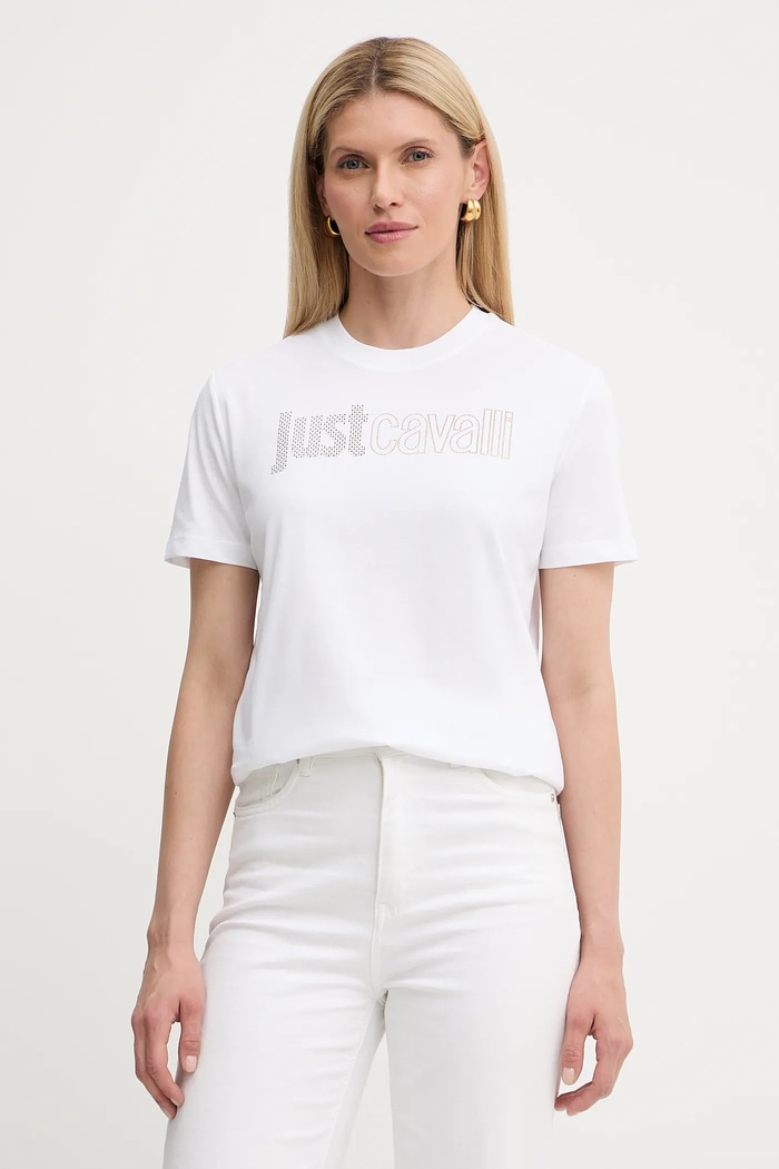 Just Cavalli tricou din bumbac imprimeu alb 79PAHE23.CJ110