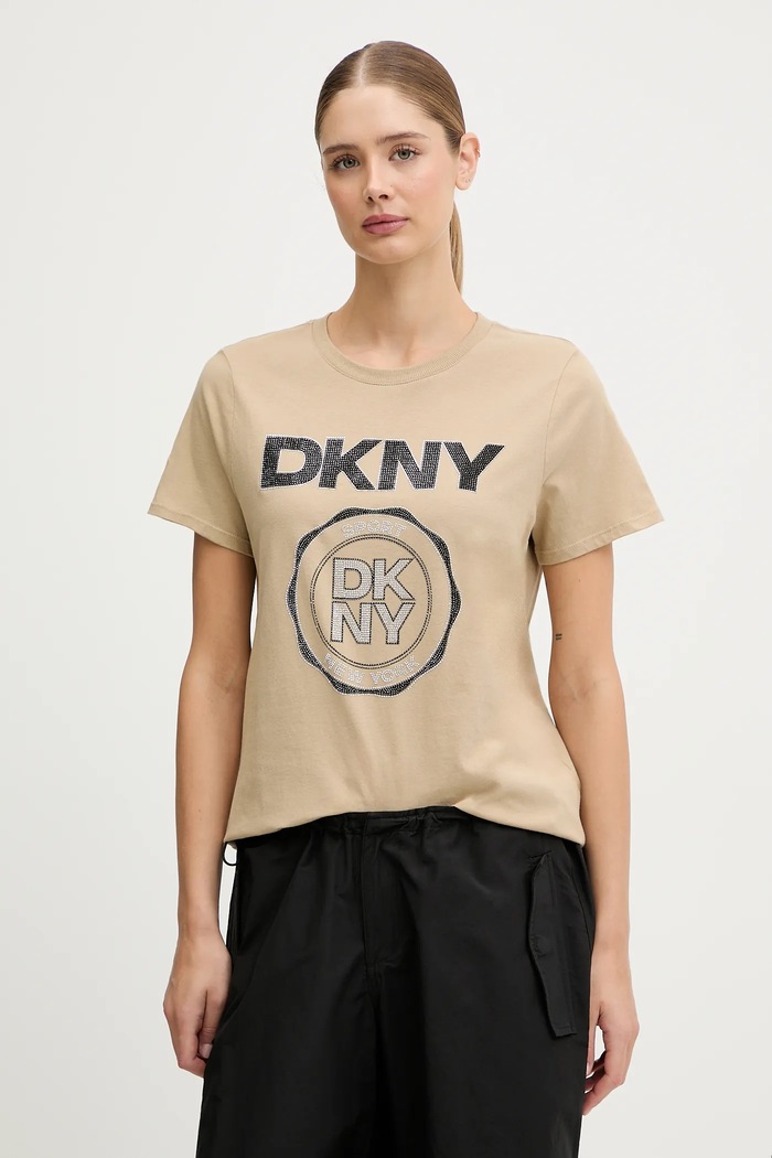 Dkny t-shirt bawełniany nadruk beżowy DP5T1366