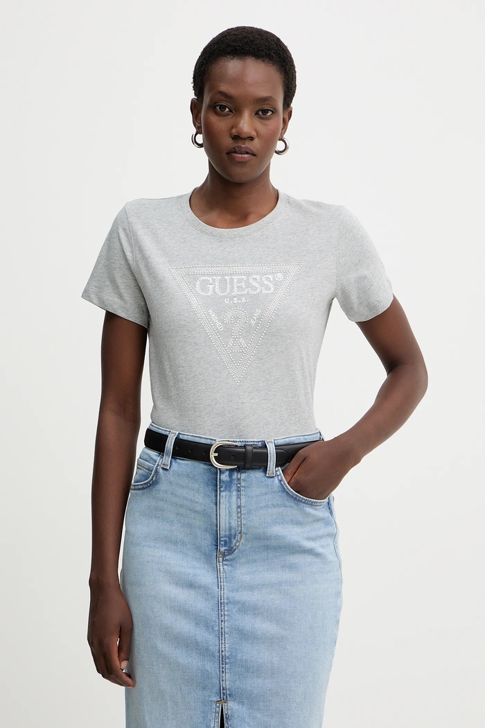 Памучна тениска Guess щампа сив W5BI18.I3Z14