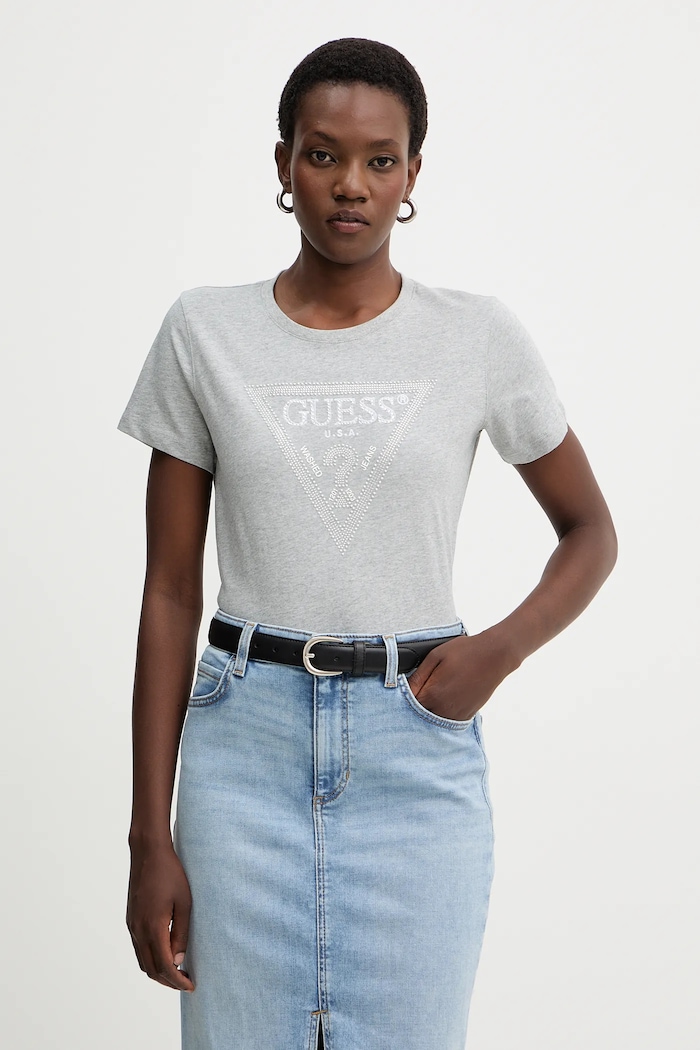 Памучна тениска Guess щампа сив W5BI18.I3Z14