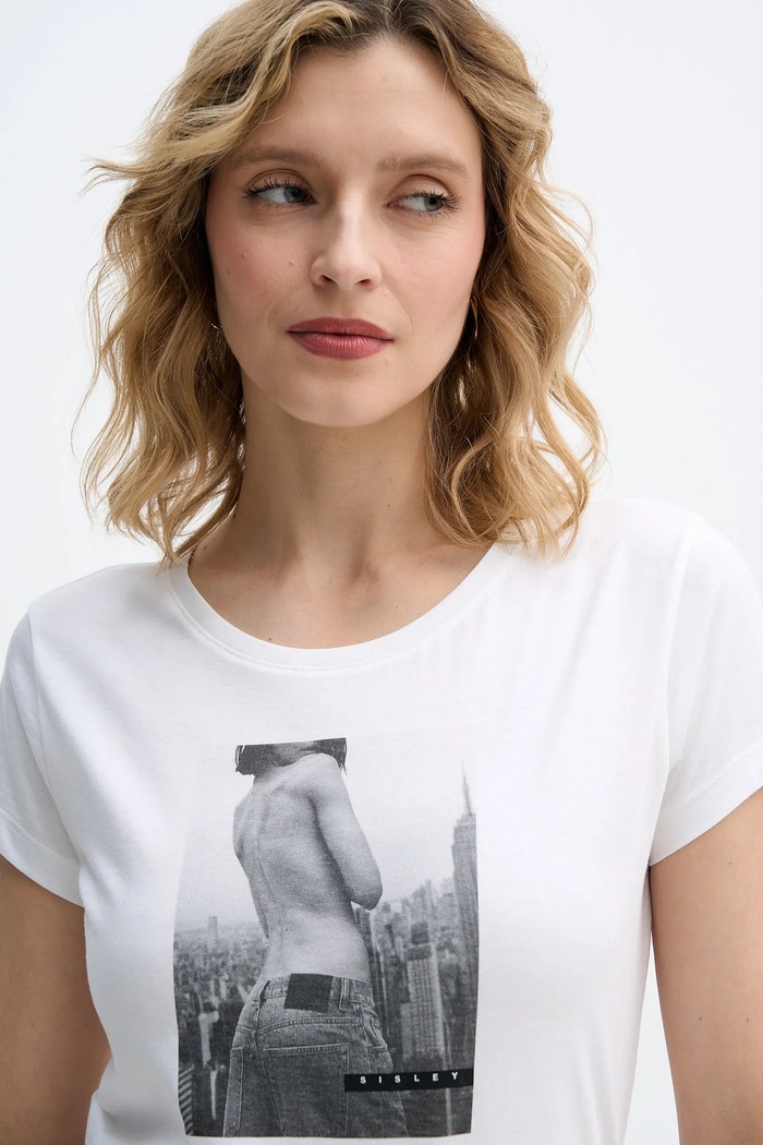 Βαμβακερό μπλουζάκι Sisley μπεζ 3I1XL107Z