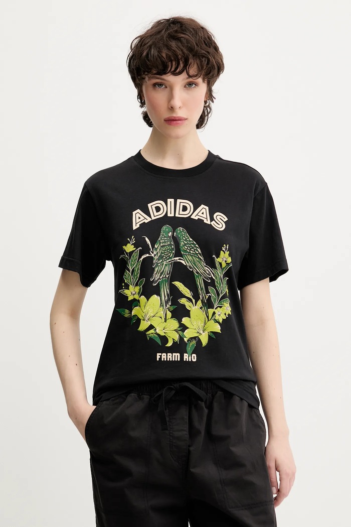 Bavlněné tričko adidas x Farm Rio potisk černá JV8609