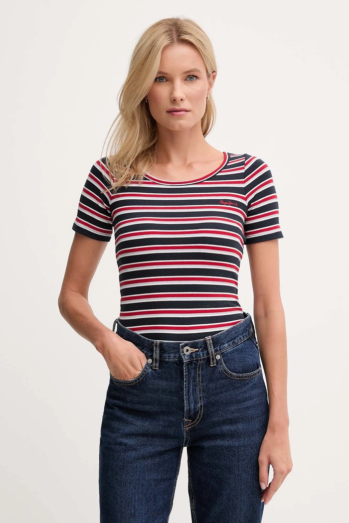 Tričko Pepe Jeans pásiky tmavomodrá PL5000014