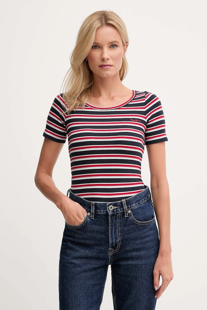 Tričko Pepe Jeans pásiky tmavomodrá PL5000014