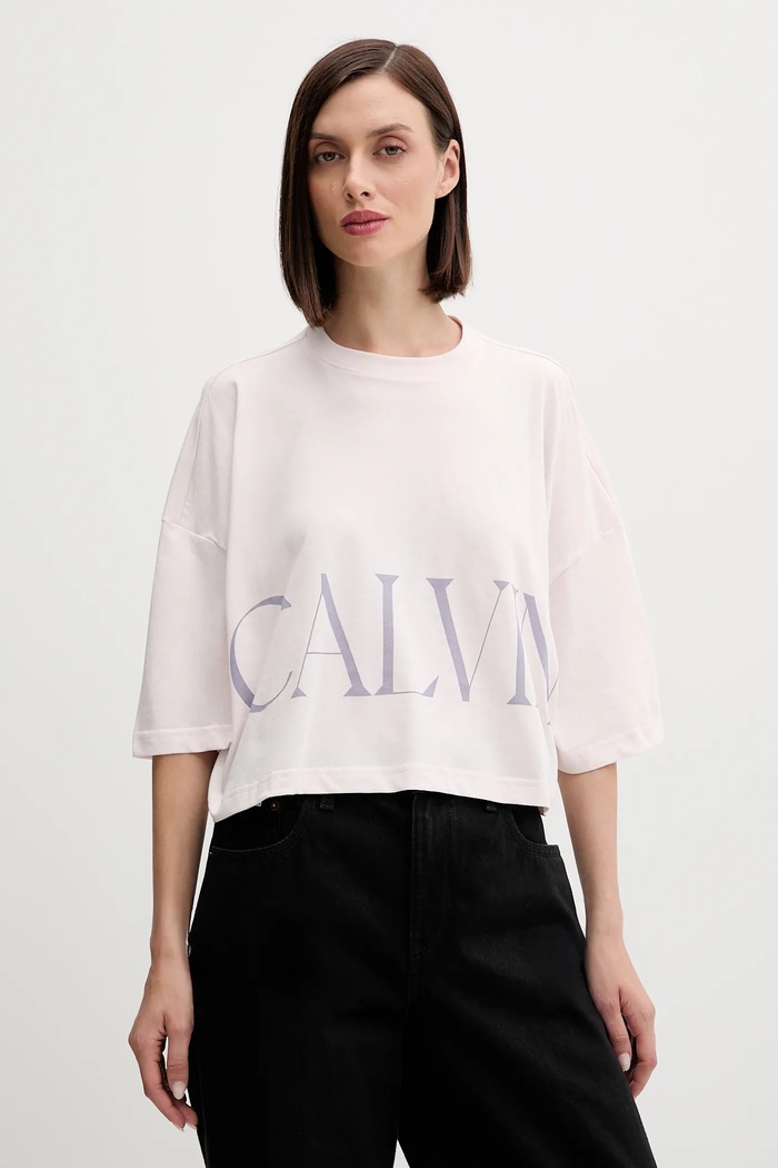 Bavlněné tričko Calvin Klein Jeans kulatý růžová LV047D206G