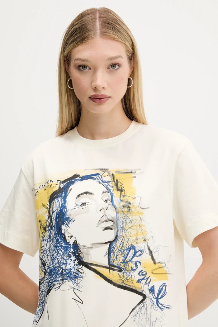 Desigual tricou din bumbac PORTRAIT bej 25WWTK05