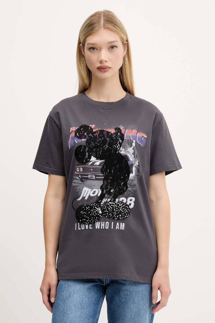 Desigual tricou din bumbac MICKEY LACE imprimeu gri 25WWTK56