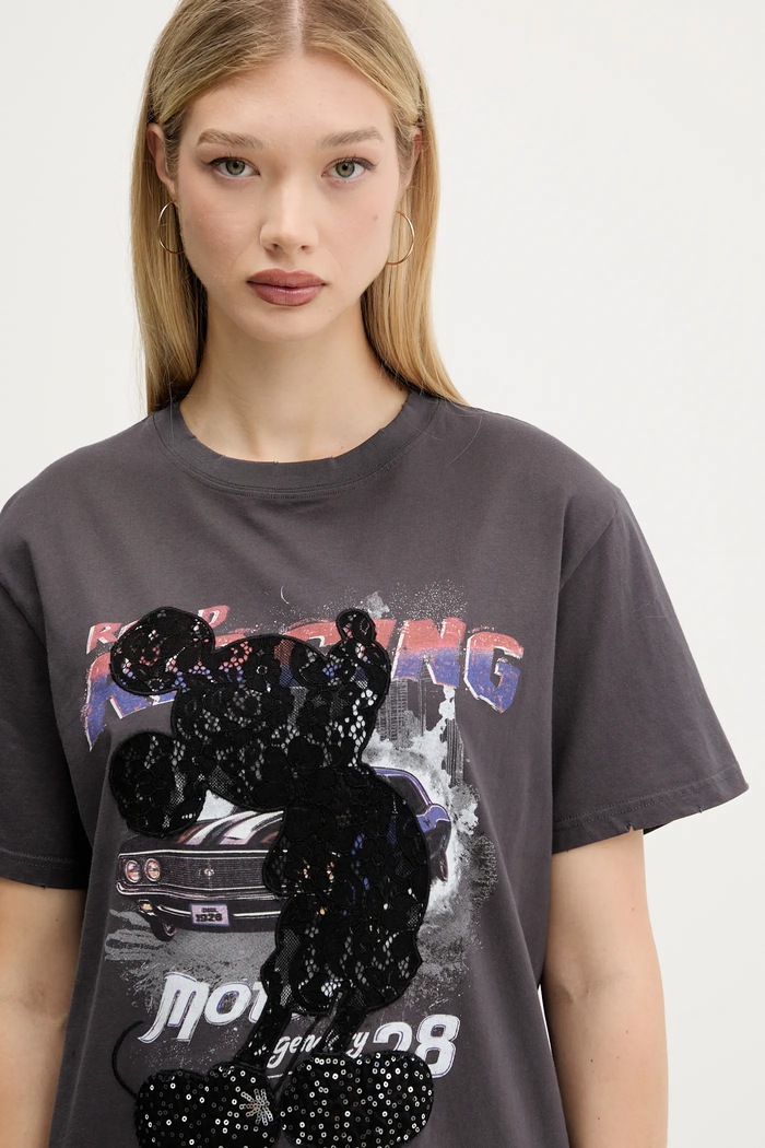 Desigual tricou din bumbac MICKEY LACE gri 25WWTK56