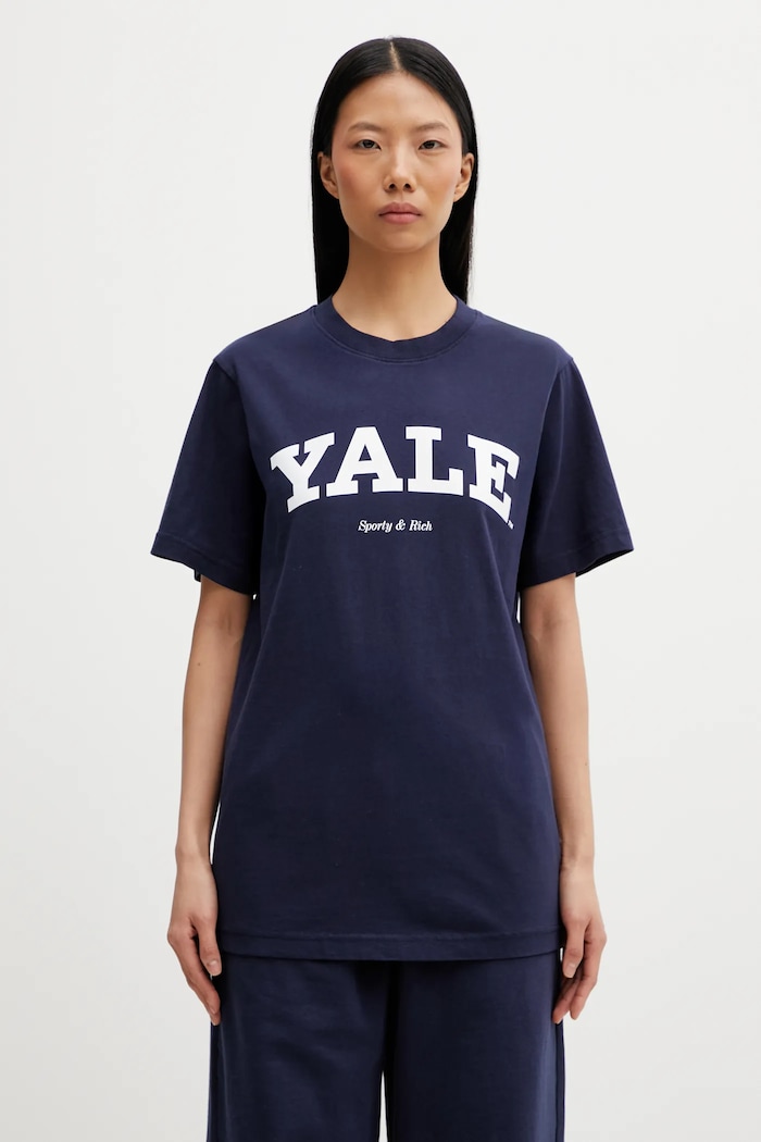 Βαμβακερό μπλουζάκι Sporty & Rich Yale Classic κανονικό σκούρο μπλε TO043611678BL106
