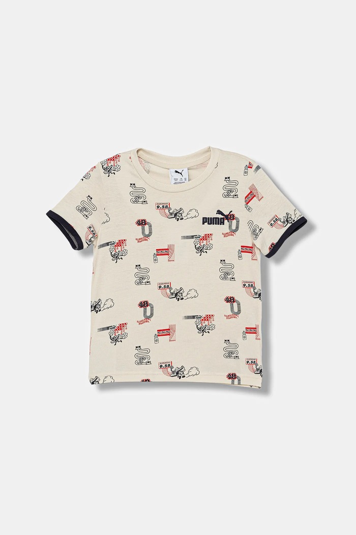 Detské bavlnené tričko Puma LITTLE RUNNERS AOP Tee PS nášivka béžová 688476.