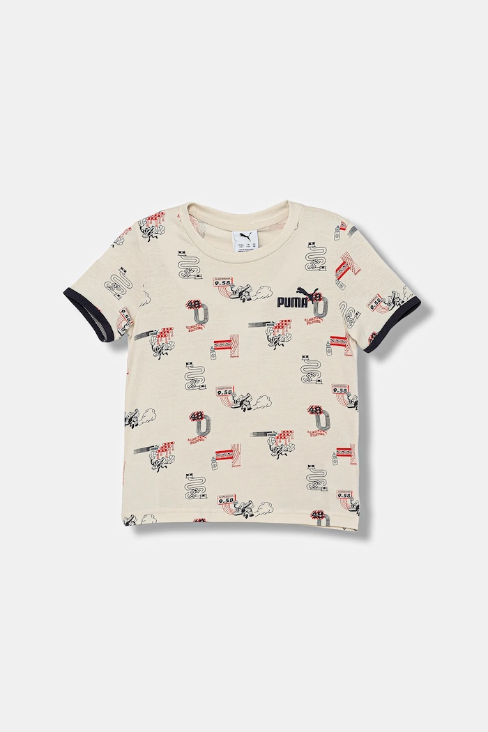 Detské bavlnené tričko Puma LITTLE RUNNERS AOP Tee PS nášivka béžová 688476.