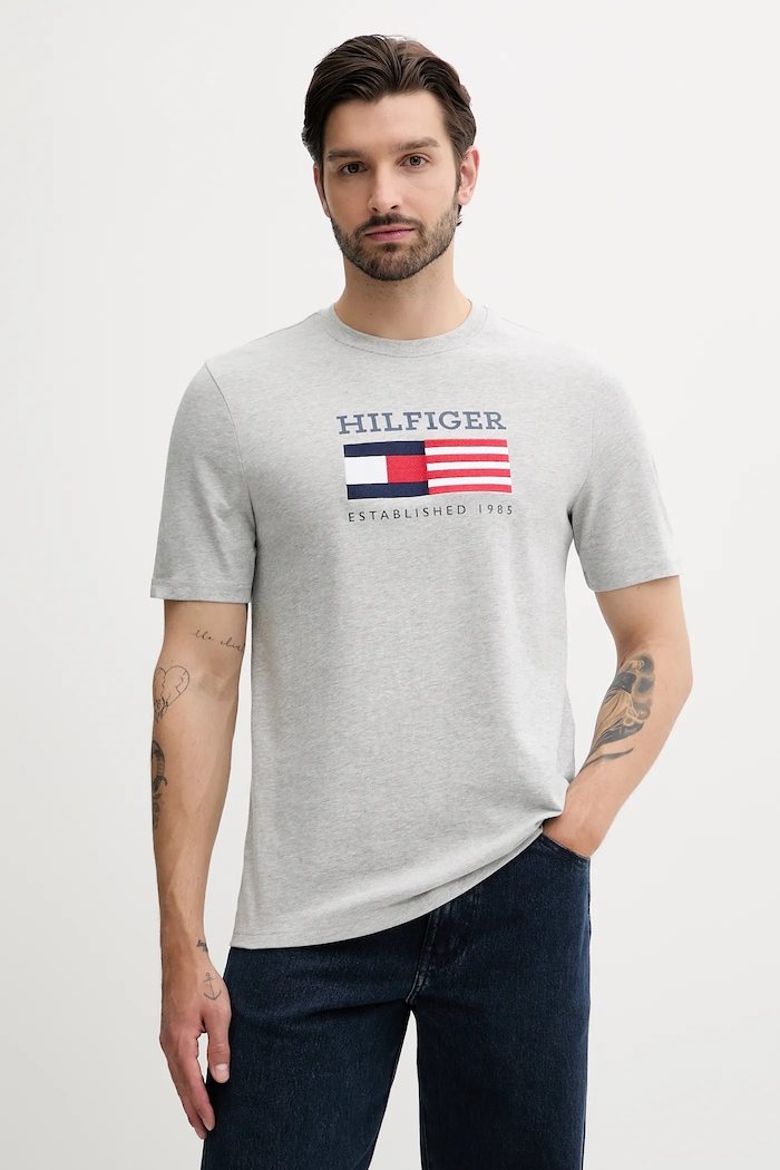 Bavlněné tričko Tommy Hilfiger potisk šedá MW0MW39843