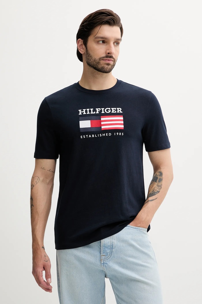 Bavlněné tričko Tommy Hilfiger potisk námořnická modř MW0MW39843